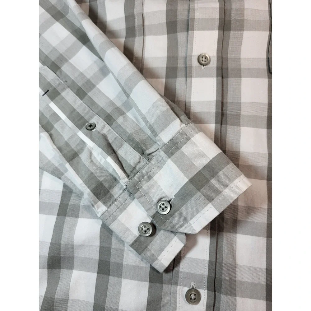 Banana Republic Mens Grey White Plaid Cotton Button Up Shirt XL 17-17 1/2 Preppy